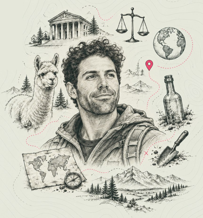 Pen and ink illustration of Noah Aron surrounded by a courthouse, the scales of justice, an alpaca, a globe, an antique bottle, a trowel, and a treasure map