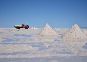 A salt truck sits on the Uyuni, Bolivia salt flats